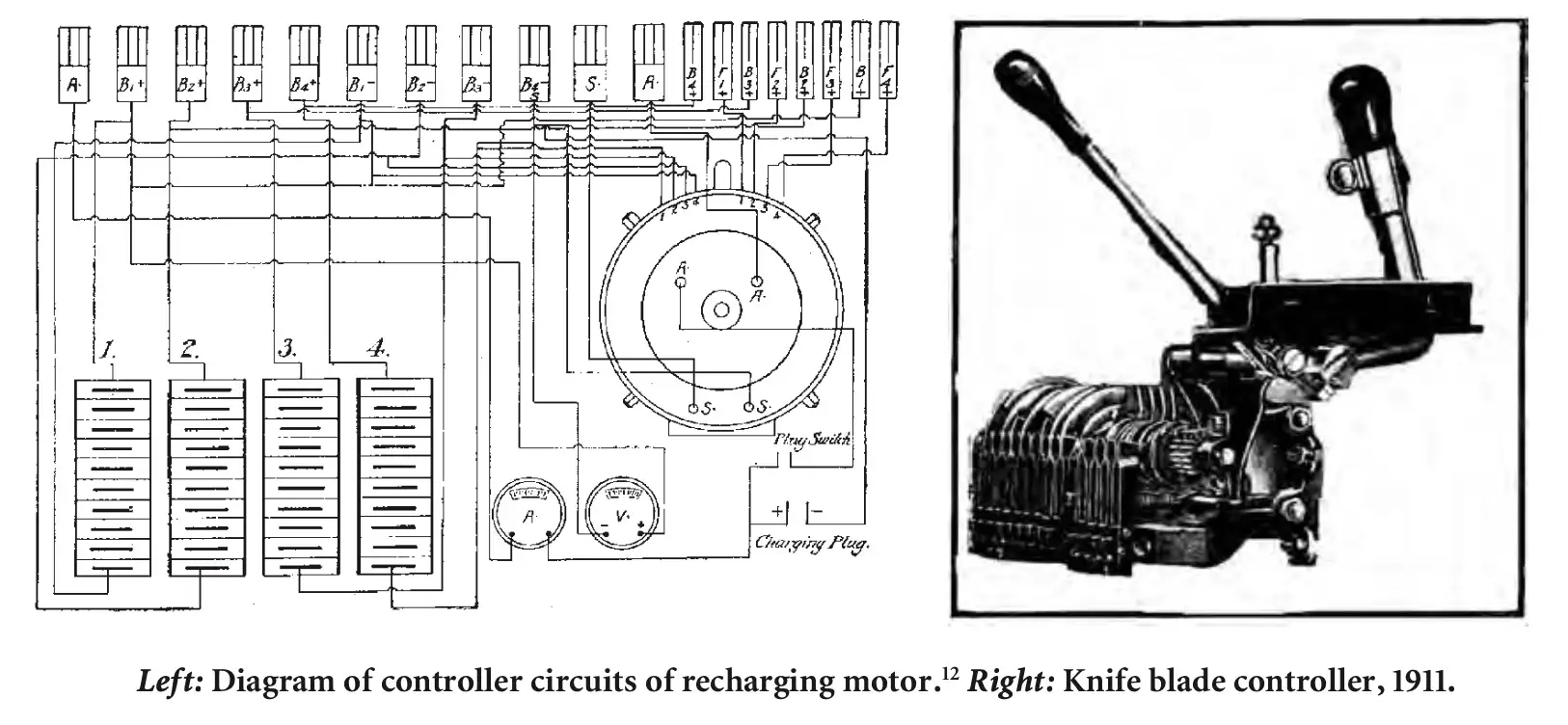 Left Diagram of controller circuits of recharging motor. Right blade controller, 1911.