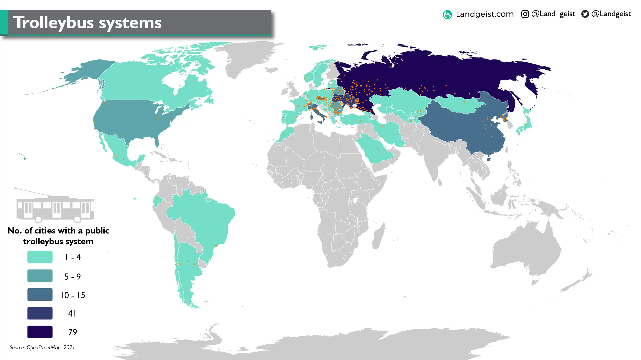 Mapka znázorňující počet měst v jednotlivých zemích, kter= využívají trolejbusové dopravy
